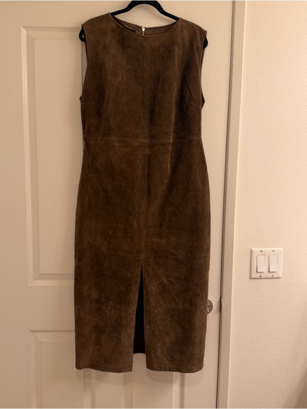 Sleeveless Brown 100% leather Suede Sheath Dress with Front Slit - Picture 9 of 9